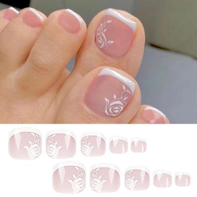1 Set DIY Nail Art Kit with Glue Wearable False Toenail Short Press-On Nails Rose Flower Pattern Gel Fake Toenails Manicure Accessories