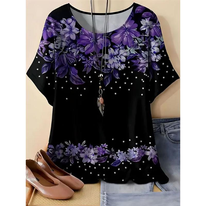 Fashion Women's Crew Neck Short Sleeve 3D Flower Color Printing Flower Short Sleeve Crew Neck T-Shirt