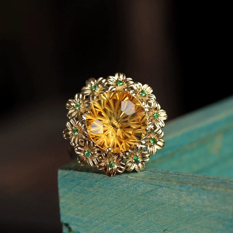 Plated 925 Silver Fireworks Craft Cut Champagne Citrine Nacai 18K Gold Light Luxury Versatile Flower Ring