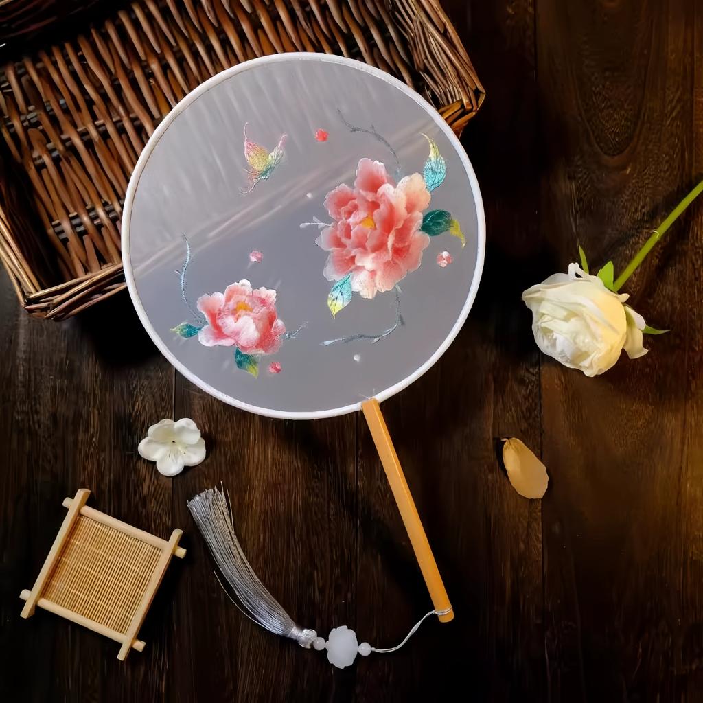 Ancient Style Round Fan, Chinese Style Suzhou Embroidery, Double-Sided Embroidery, Pink Fairy Fan, Embroidery Craft Fan, Dance Fan, Hanfu Round Fan