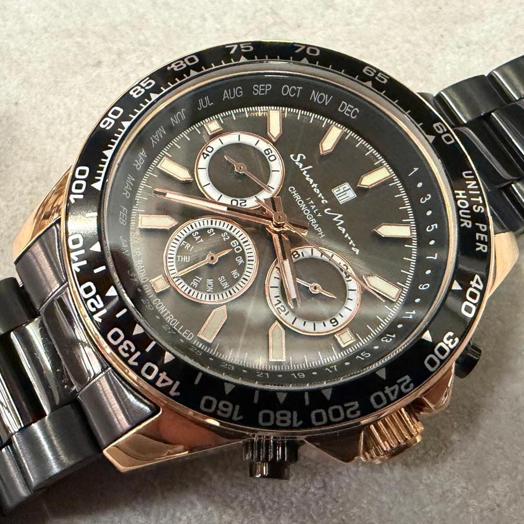 Salvatore Marra Men's Radio Wave Solar Watch Business Analog Quartz Waterproof Pink Gold Black Cross