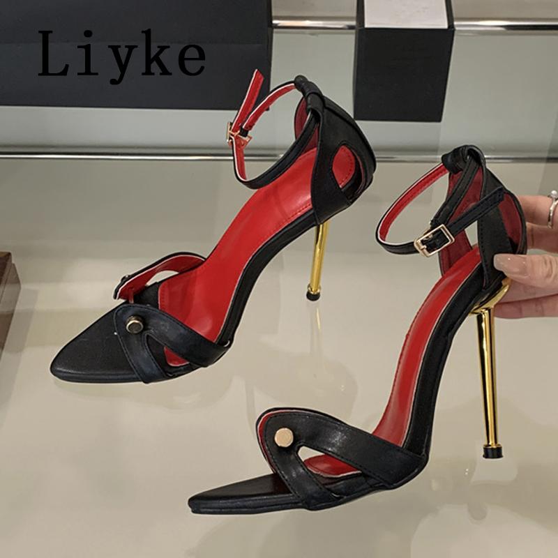Móda Liyke Sexy Kovová Dekorace Úzký Pásek Špičatá Špička Červené Vysoké Podpatky Sandály Dámské Párty Společenské Boty Kotníkový Pásek Sandalias Mujer