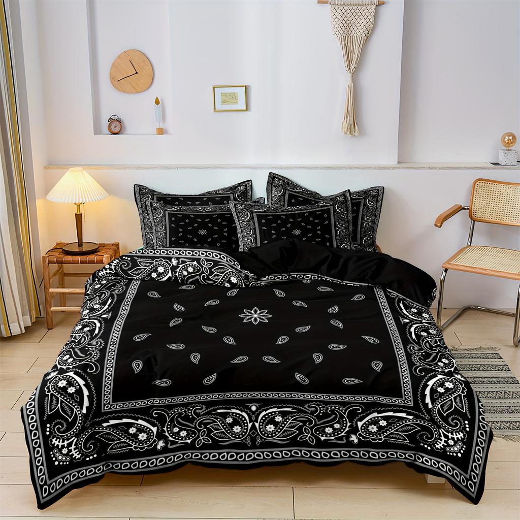 Set Husă Plapumă Paisley Mandala Negru Stil Boem Dublu Pentru Adulți Queen King Size Set Lenjerie de Pat Cu Față de Pernă Pentru Dormitor