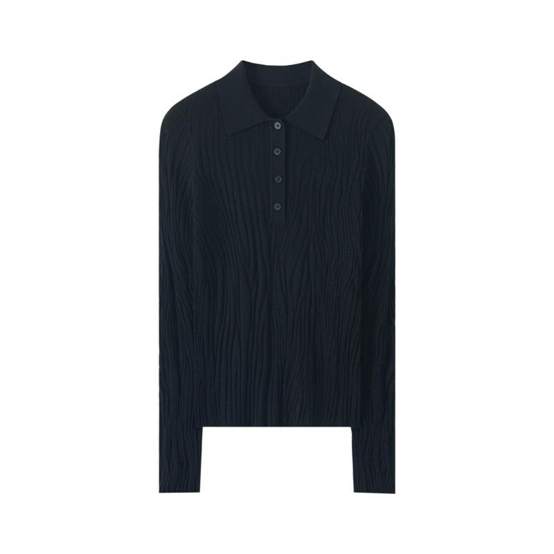 Women's 100% Wool Polo Collar Sweater with Gauze Wave Pattern - Spring/Autumn Pullover Base Layer