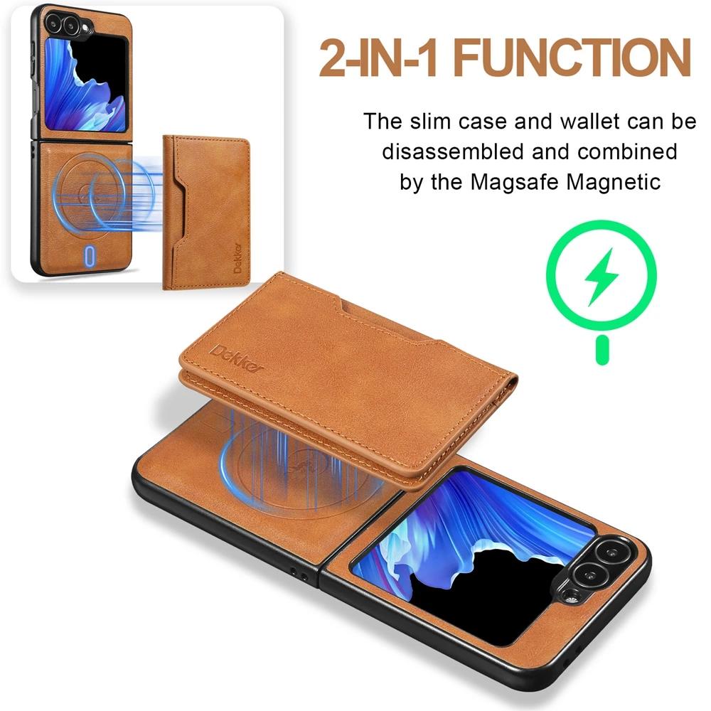 2 viename odinis dėklas Samsung Galaxy Z Flip 7 6 5 4 3 Flip5 Flip6, nuimamas piniginė, kortelių laikiklis, belaidžio įkroviklio telefono dėklas