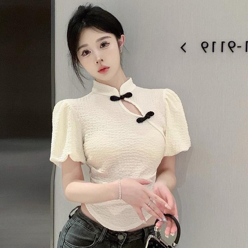 

Новый китайский стиль женская одежда дизайн рубашка улучшенная пуговица короткий рукав чистый ветер желания рукав-пузырь тонкая рубашка топ S абрикосовый