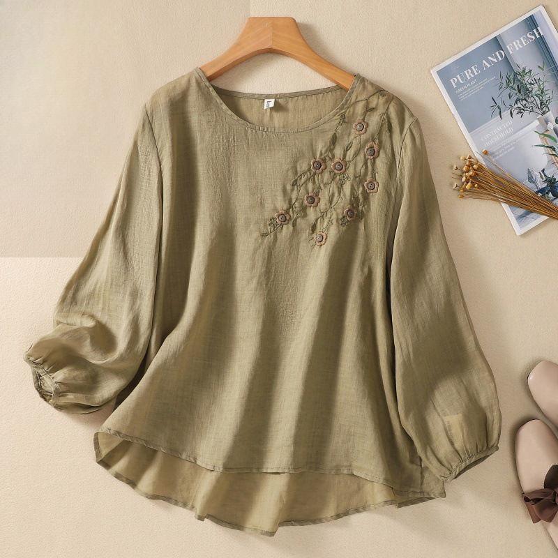 Tricou Larg Mărime Mare pentru Femei, Brodat, cu Gât Rotund, Subțire, Respirabil, Top de Bază