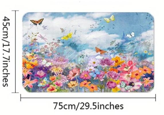 4pcs Healing Oil Painting Pastoral Sea of Flowers and Butterfly Pattern Shower Curtain Set Bathroom Curtain, Bathroom Decora