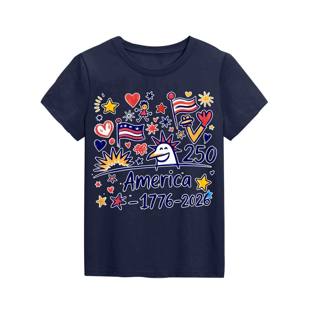 Fashionable Round Neck Short Sleeve Work Clothes Printed Tops For KID Summer Tops
