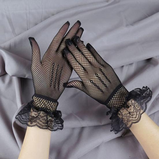 Women's Short Lace Gloves Sheer Mesh Tulle Wrist Length Gloves with Bow Wedding Bridal Fishnet Gloves Opera Tea Party Accessory