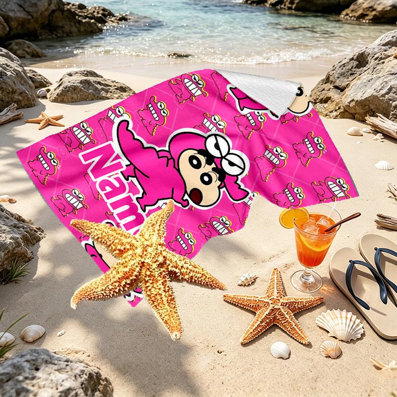 Custom Name Personalized Crayon Shin Print Beach Towel, for Trip Camping Beach Party Home Decor, Birthday Gift for Family & Friends