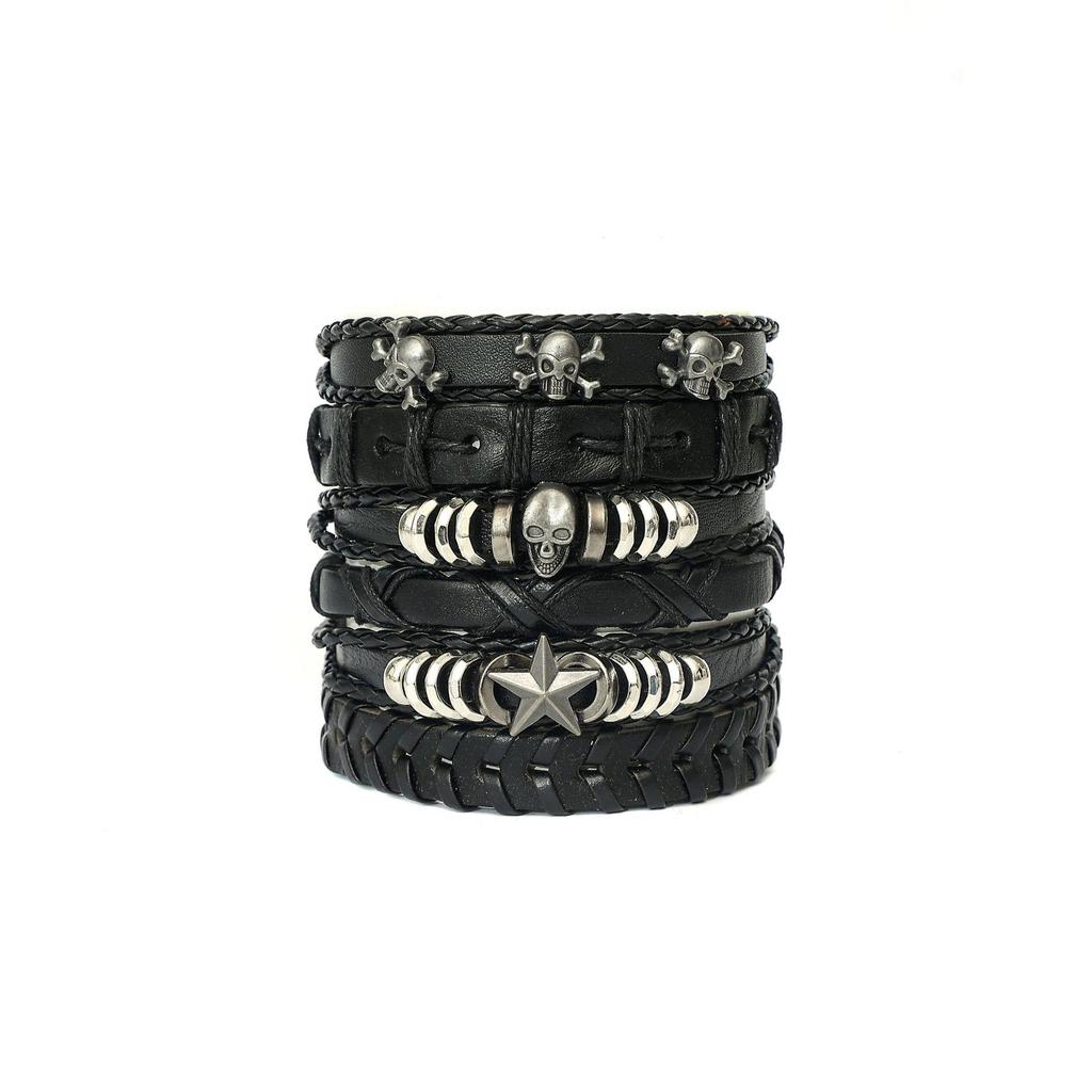 Retro Handmade Men's Woven Leather Bracelet with Bull Head & Feather Decor.