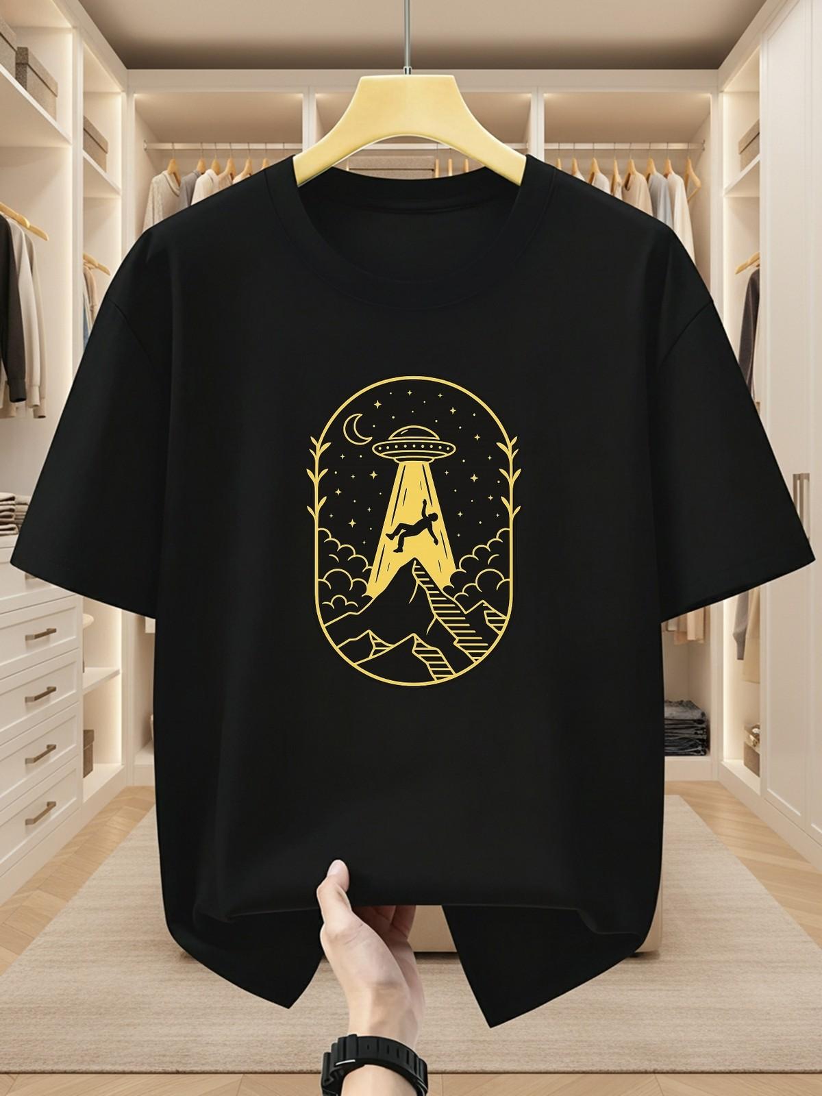 Men s Alien UFO and Hiker Print Round Neck Short Sleeve T-Shirt XL