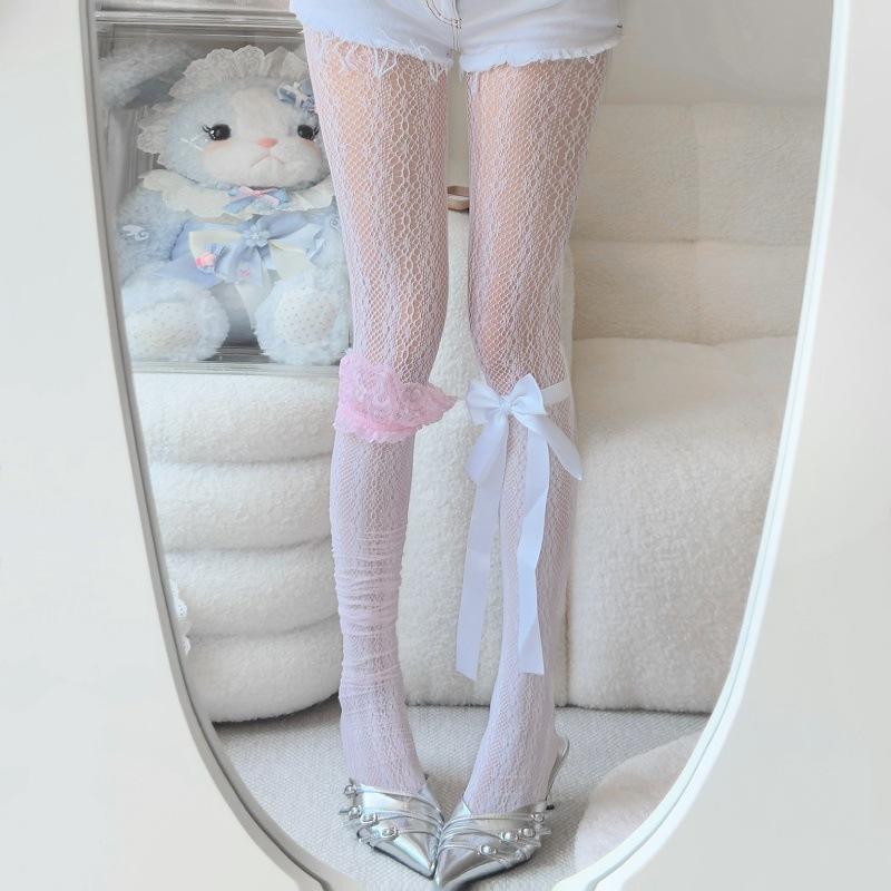 White lace calf socks summer thin lace bow stockings JK Lolita half socks