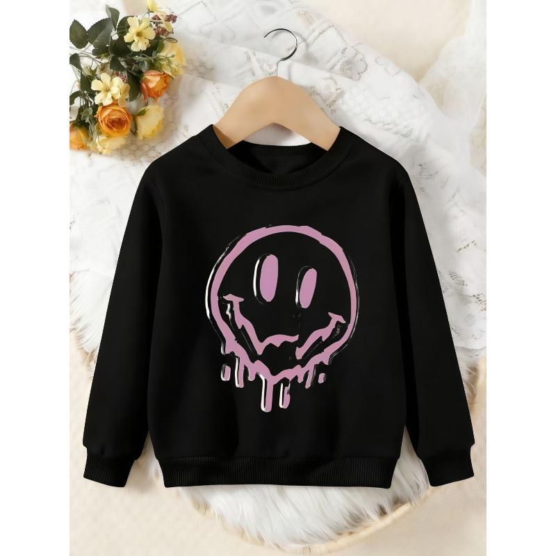 Unisex Kids Crewneck Sweatshirt, Pink Drip Melting Smiley Face Print Pullover, Boys Girls Streetwear Casual Sweatshirt For Kids Over 4 Years Old 110