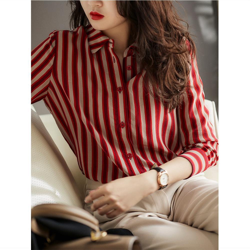 2025 Women's High-End Red Striped Shirt for Spring and Autumn: Elegant Niche Design