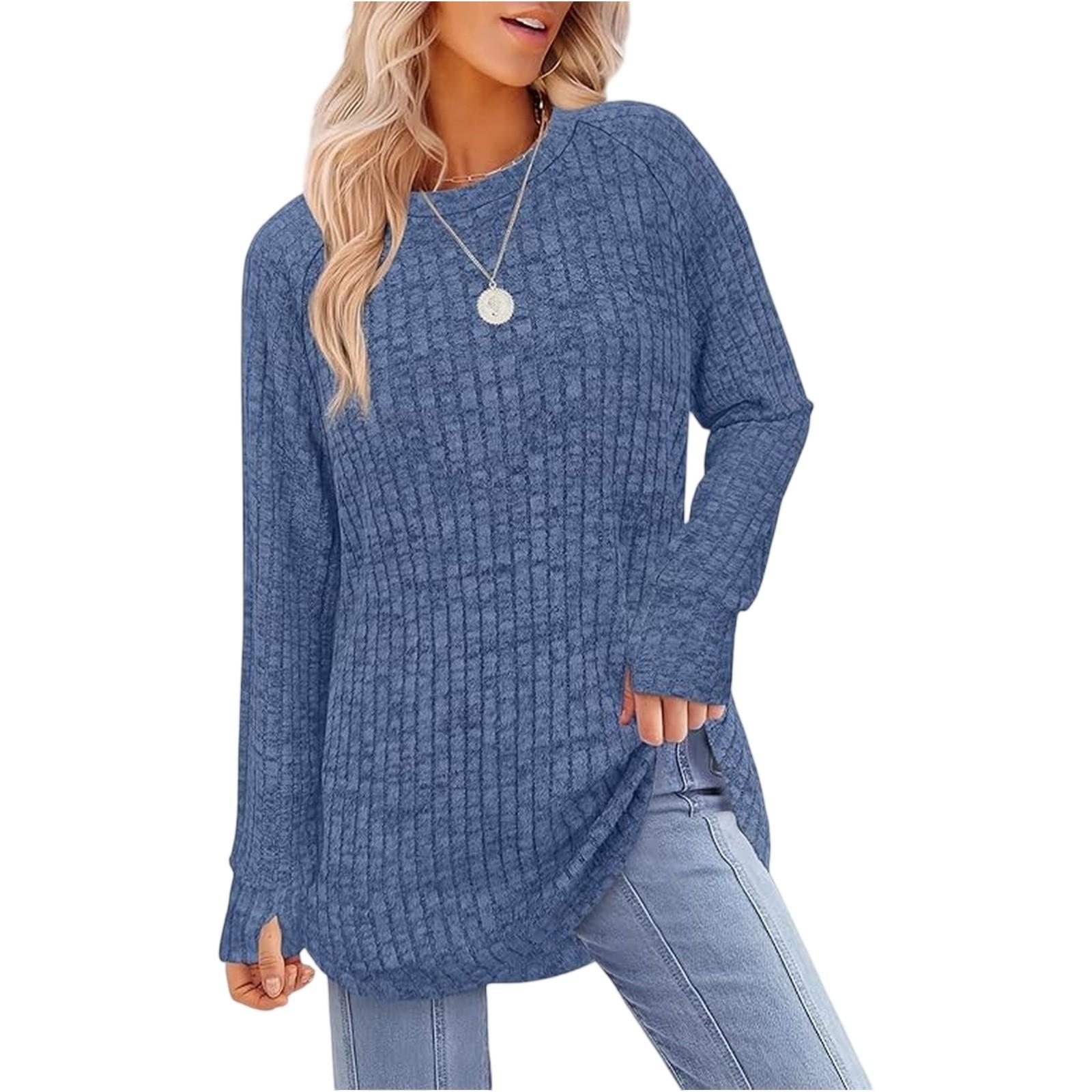 

Женский модный однотонный топ с длинным рукавом XL синий