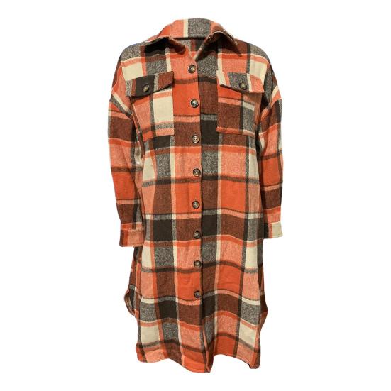 Autumn Winter Lady Coat Shirt Type Plaid Print Single-breasted Turn-down Collar with Chest Pockets Slit Hem Loose Mid Length Daily