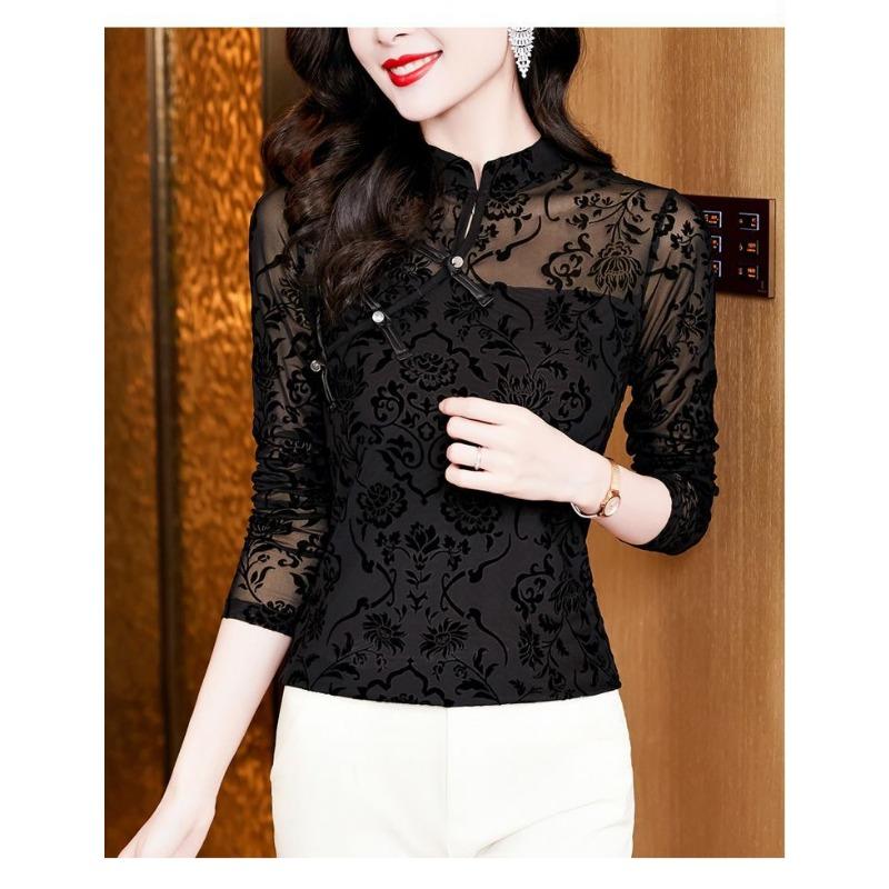 Black Mesh Bottoming Shirt for Women Long-sleeved Spring and Autumn New Chinese-style Button-down Top Foreign-style Lace Cheongsam Shirt