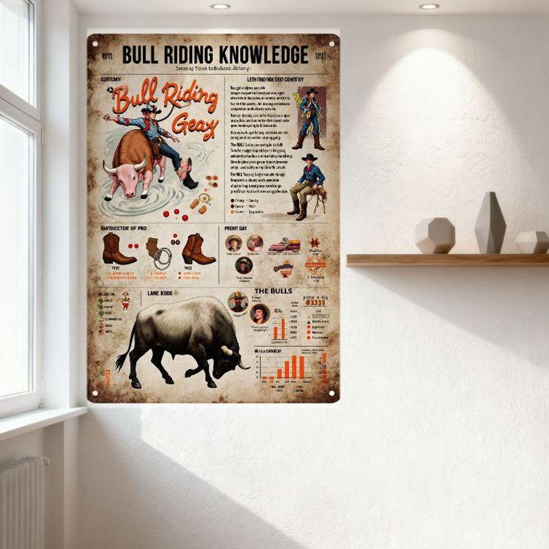 Vintage Bull Riding Knowledge Metal Tin Sign, Science to Rodeo History Infographic, Cowboy & Bull Illustration, Wall Decor for B
