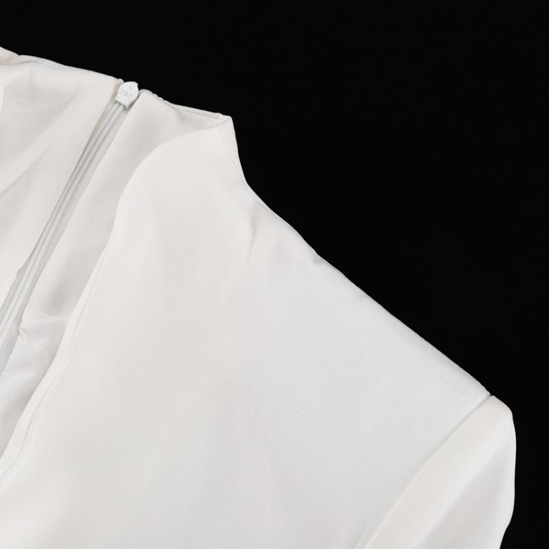 Women's White Stand Collar Deep V Neck Long Sleeve Maxi Dress Button Front High Slit Bodycon Elegant Formal Evening Party Wedding Guest Gown