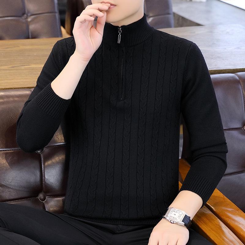 Men s Korean Style Slim Fit Stand Collar Half-Zip Cable Knit Sweater XL
