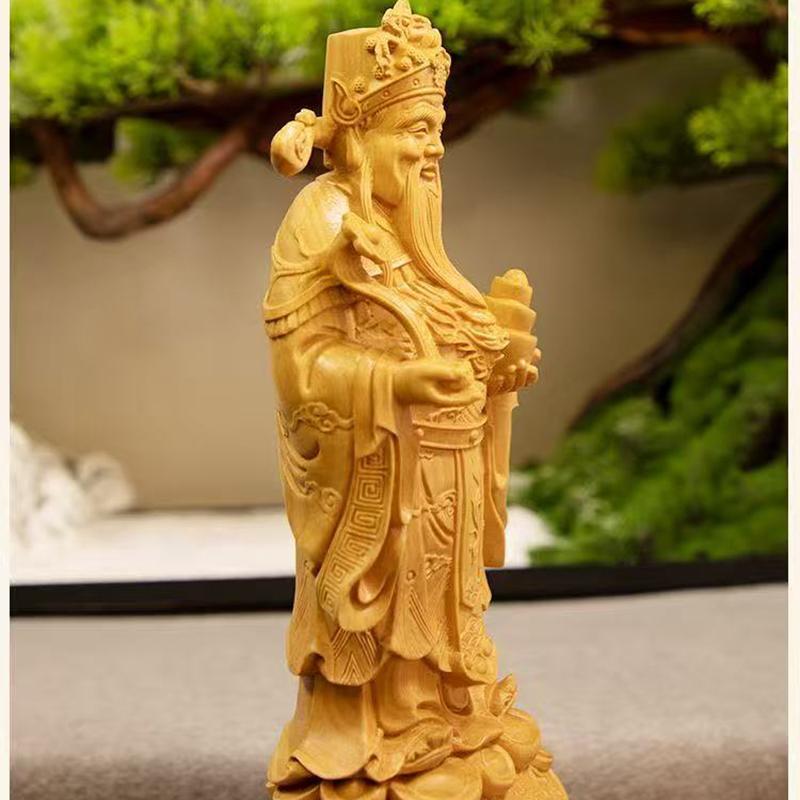 Wood carving Ruyi God of Wealth sculptures and figurines Solid wood carving Home Room Office Wealth Luck Feng Shui Decor statue