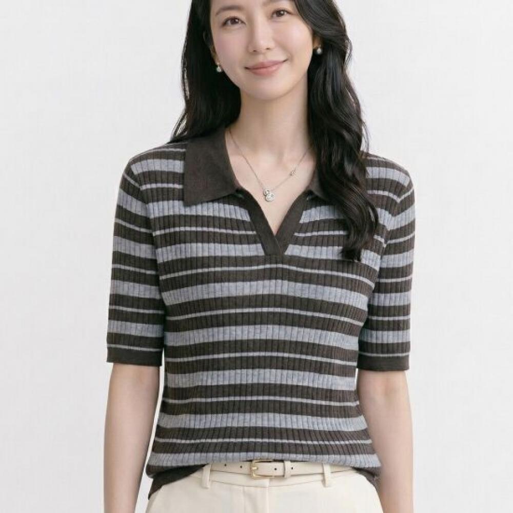 Navava Women Casual Stripe Collar Short Sleeve Knit Tee Nk3693