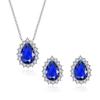 Royal Blue Tear Drop Zircon Necklace Earring Rhodium Plated CZ Pendant Earring for Women Party S925 Sterling Silver Jewelry Set
