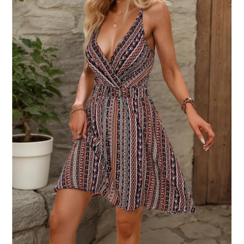 Summer new striped v-neck suspender dress exotic bohemian vacation dress