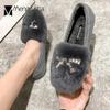 Big Size 43 Rabbit Fur Moccasins Women Crystal Bowtie Flats Round Toe Slip On Fur Snow Shoes Winter Outdoor Shearling Ballerinas