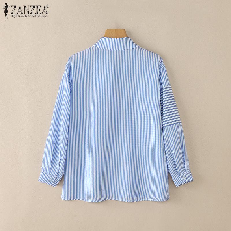 ZANZEA Women Stripe Print Casual Turn Down Collar 3/4 Sleeve Blouse