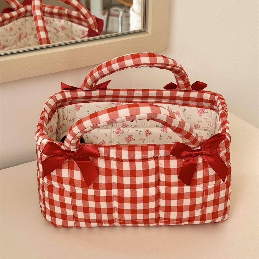 Quilted Craft Picnic Bag Plaid Design Storage Basket French Style Fabric Organizer Bedroom Use