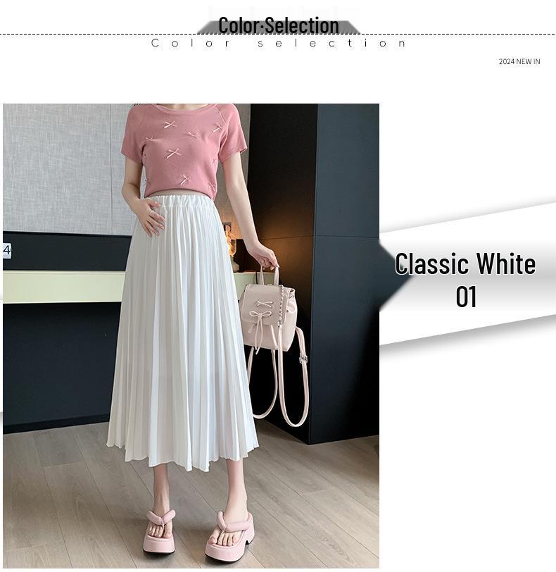 Maternity High Waist Pleated Chiffon Mid-Length Skirt - No Tummy Support, Summer Fashion.