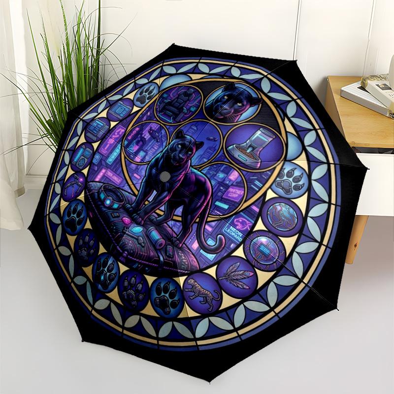 Cybernetic Panther Mandala pattern umbrella, portable and foldable design, 8 ribs, a casual accessory for Halloween, Christmas, and birthday gifts.
