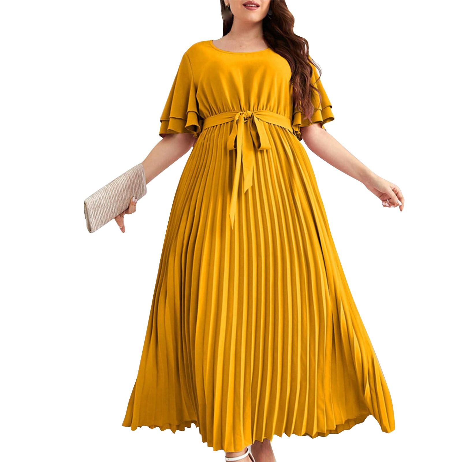 

Женское платье с плиссировкой и поясом, с короткими рукавами и высокой талией, элегантное платье с воротником-стойкой и складками XL жёлтый