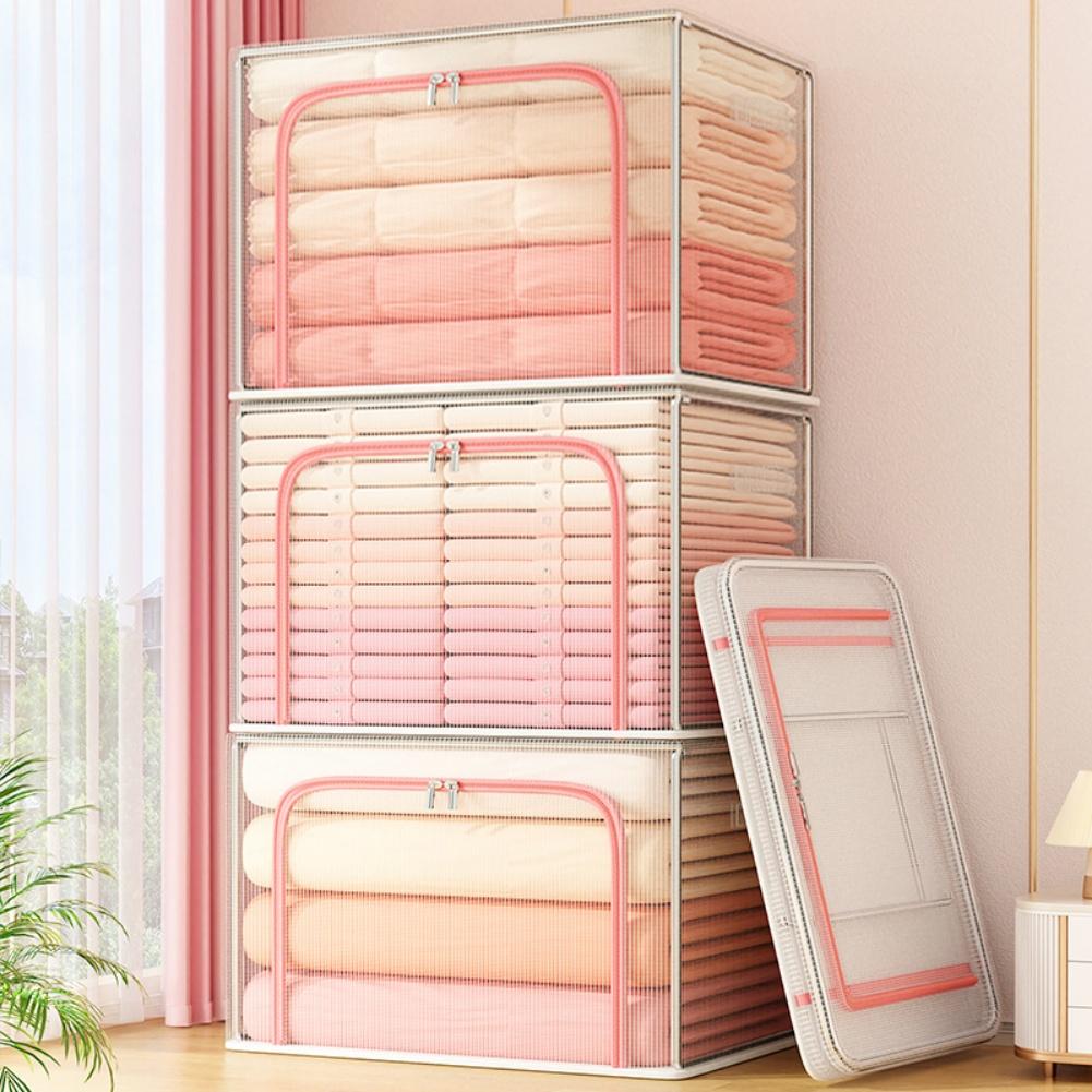For Clothes Storage Bin Foldable with Metal Frame and Transparent Lid for Space Saving Bedroom Closet For Clothes Storage