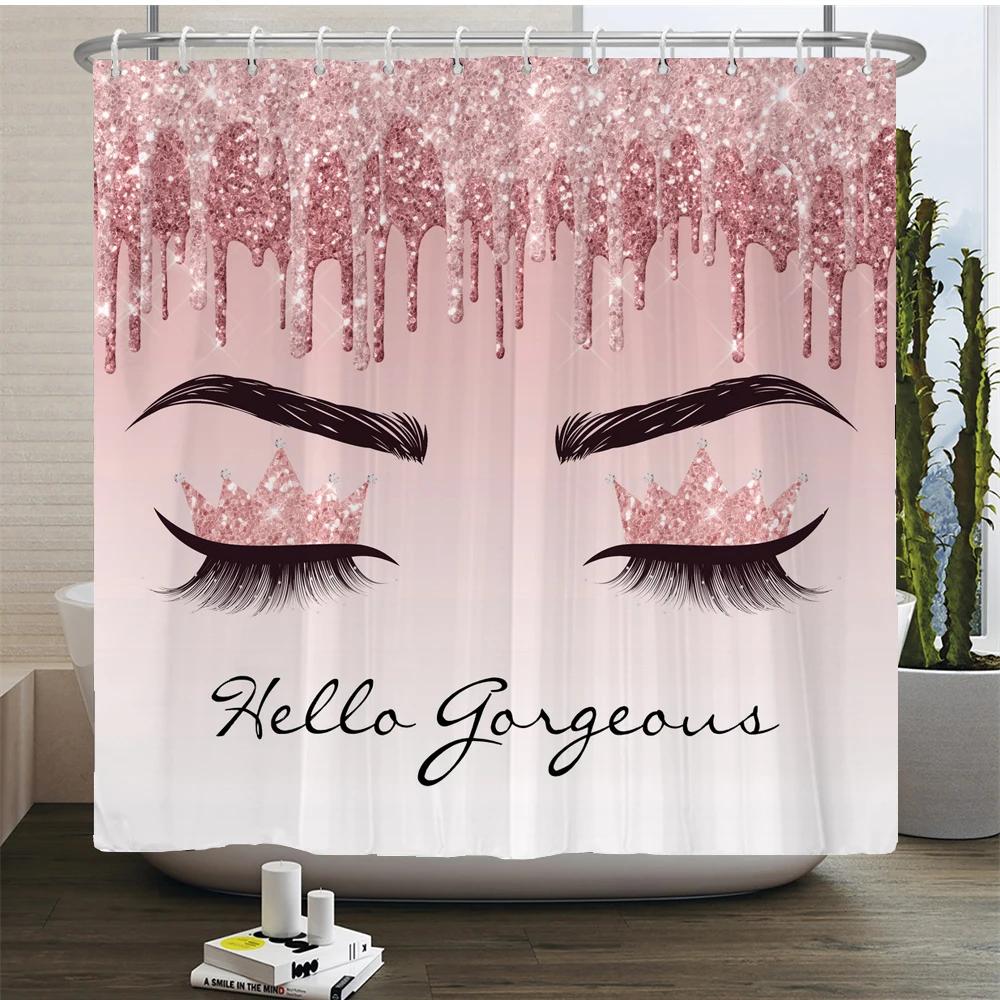 Girl Pink Silver Eyelash Shower Curtain Gorgeous Waterproof Polyester Fabric Bath Curtains Glitter Bathtub Screen with Hooks