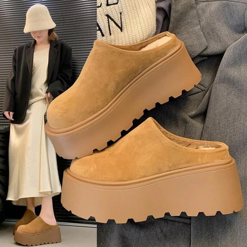 Fashion Winter Retro Round Toe Slippers Women's Thick Sole Slippers Fashion Warm Ladies Outer Wear Slippers Female Shoes