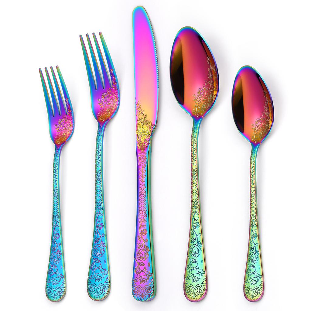 Chinese Patterned Stainless Steel Tableware Set for Household Knives  Forks  Spoons  Black 20/40 Piece Set