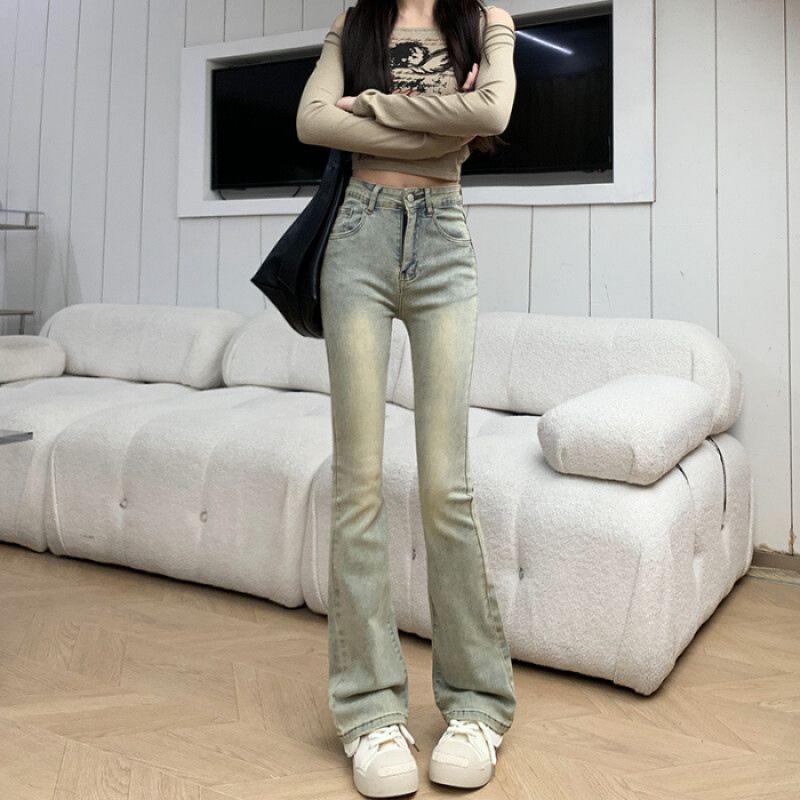 American Style High Waist Slim Fit Retro Yellow Denim Flare Jeans L