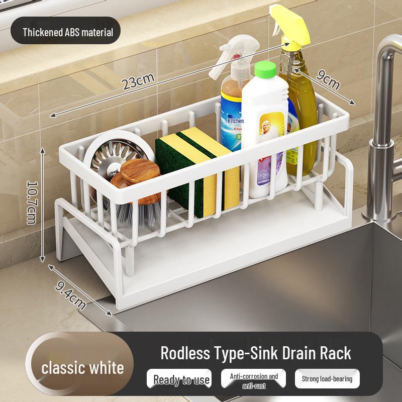 Multi-Functional Kitchen Sink Rack: Dish Soap, Sponge, & Rag Holder with Draining Basket & Countertop Storage.
