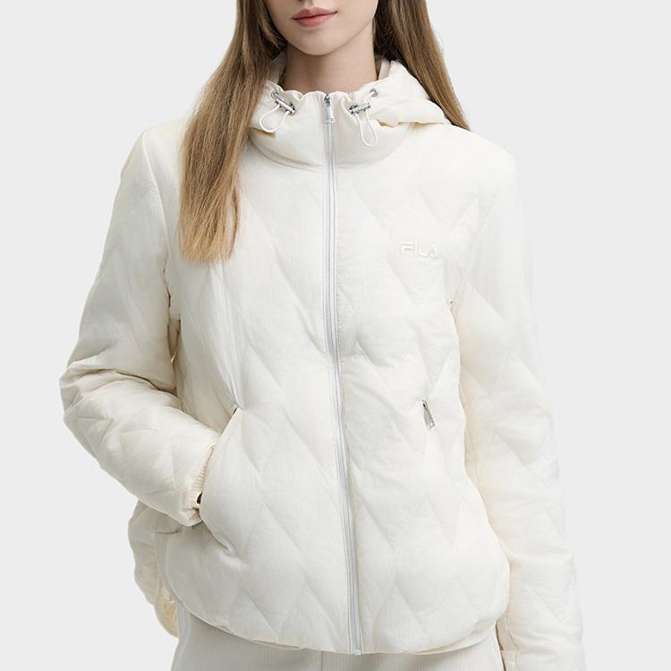 Fila Light Down Jacket Simple Windproof Hooded Puffer Coat Women Jackets Oatmeal F11W448906FBG