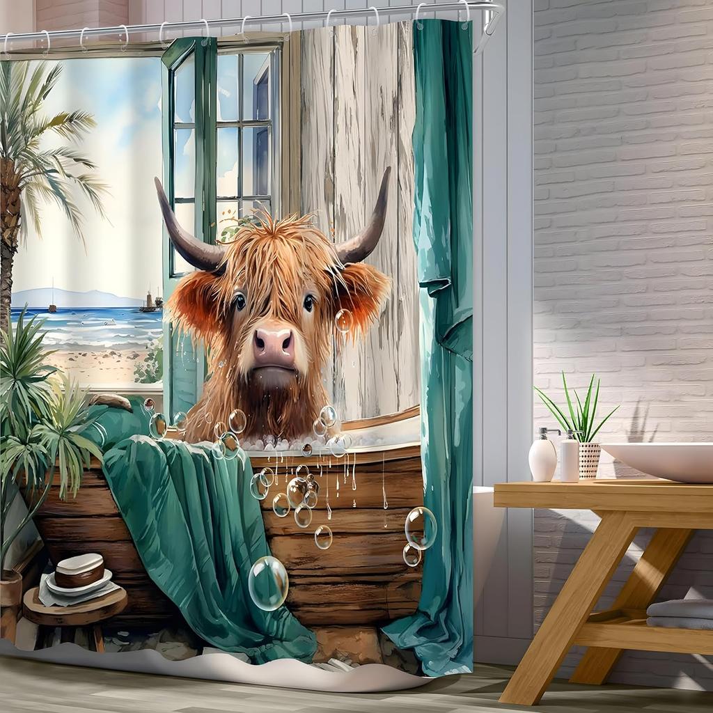Highland Cow Summer Shower Curtain 60Wx72L Inch Funny Cute Cattle Ocean View Landscape Bathtub Calf Tropical Hawaii Scene Palm L