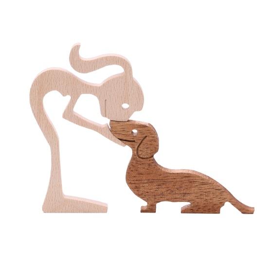 Hand Carved Wood Human And Dog Figurine Handmade Wooden Men Women Puppy Statue for Office Home Decor Decorative Sculpture for Dog Lovers