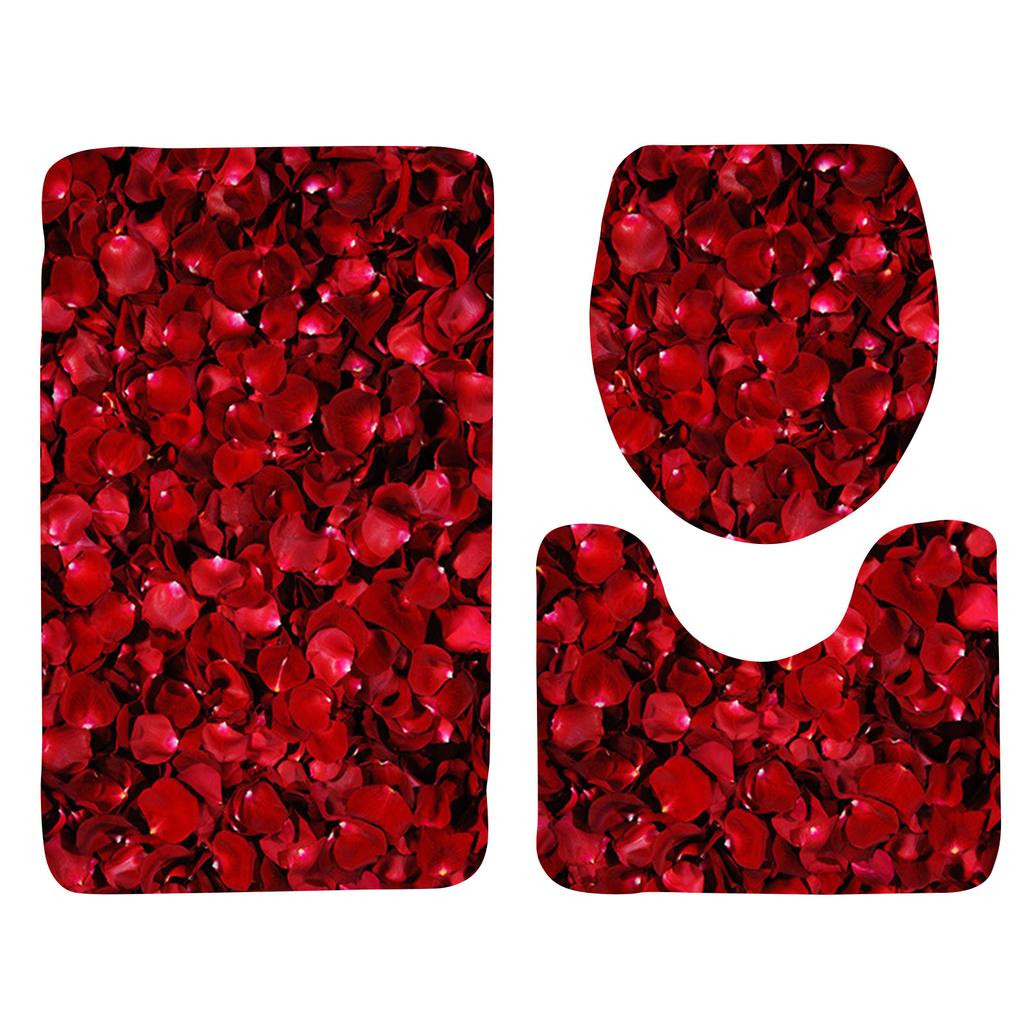 Rose Petal Series Printed Toilet Floor Mat Three-piece Bathroom Slip Carpet Set