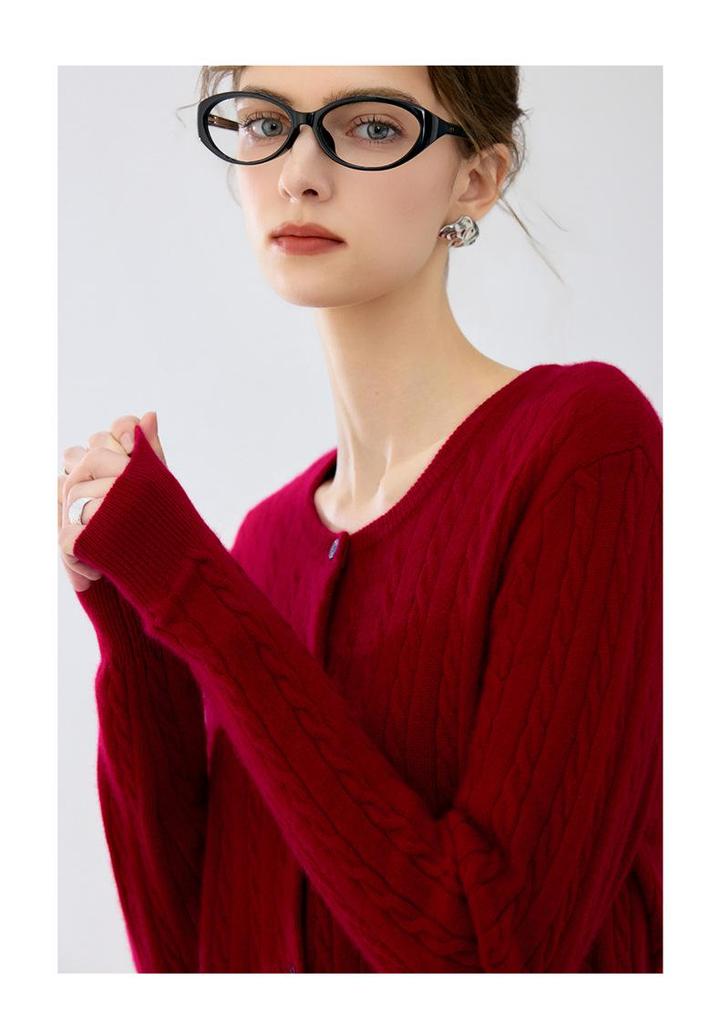 Lekasha Cashmere 12-Gauge Cable Knit Round Neck Cardigan Sweater Coat