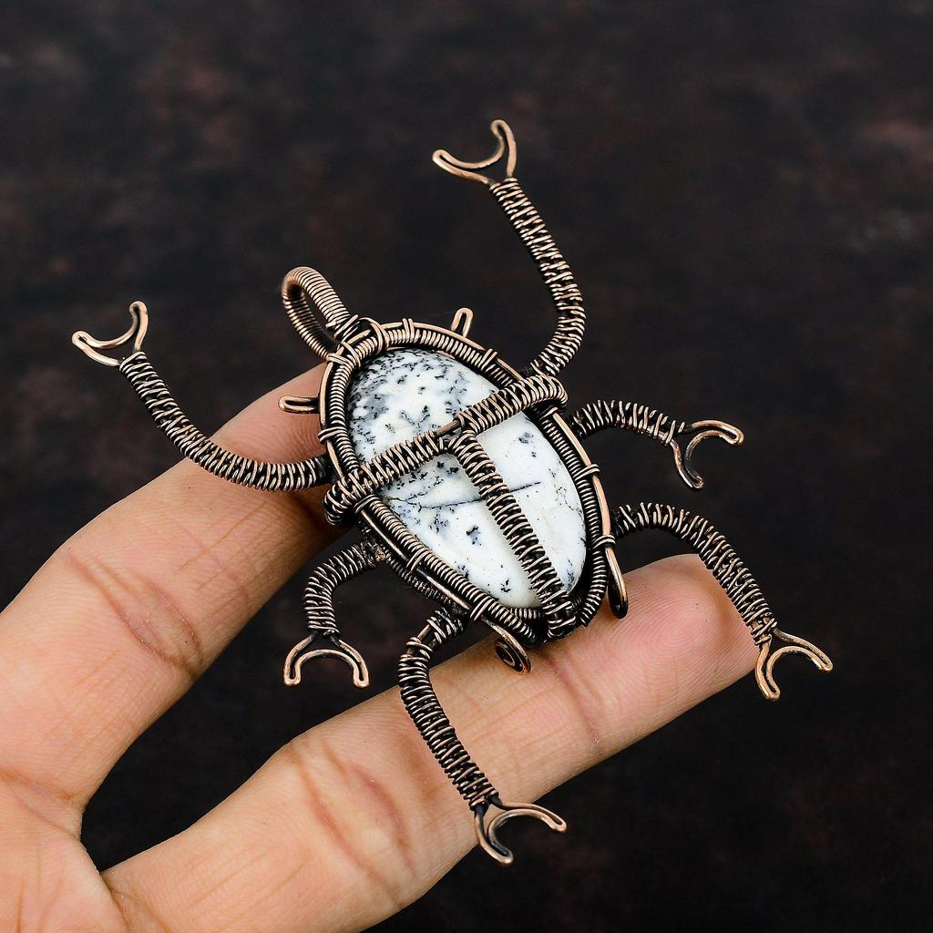Dendrite Opal Pendant Copper Wire Wrapped Pendant Gemstone Jewelry Handmade Pendant Designer Copper Jewelry Beetle Pendant Wire Wrap Jewelry