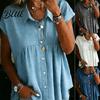 Women Casual Loose Fit Tops Denim Shirt Lapel Short Sleeve Shirt Tops