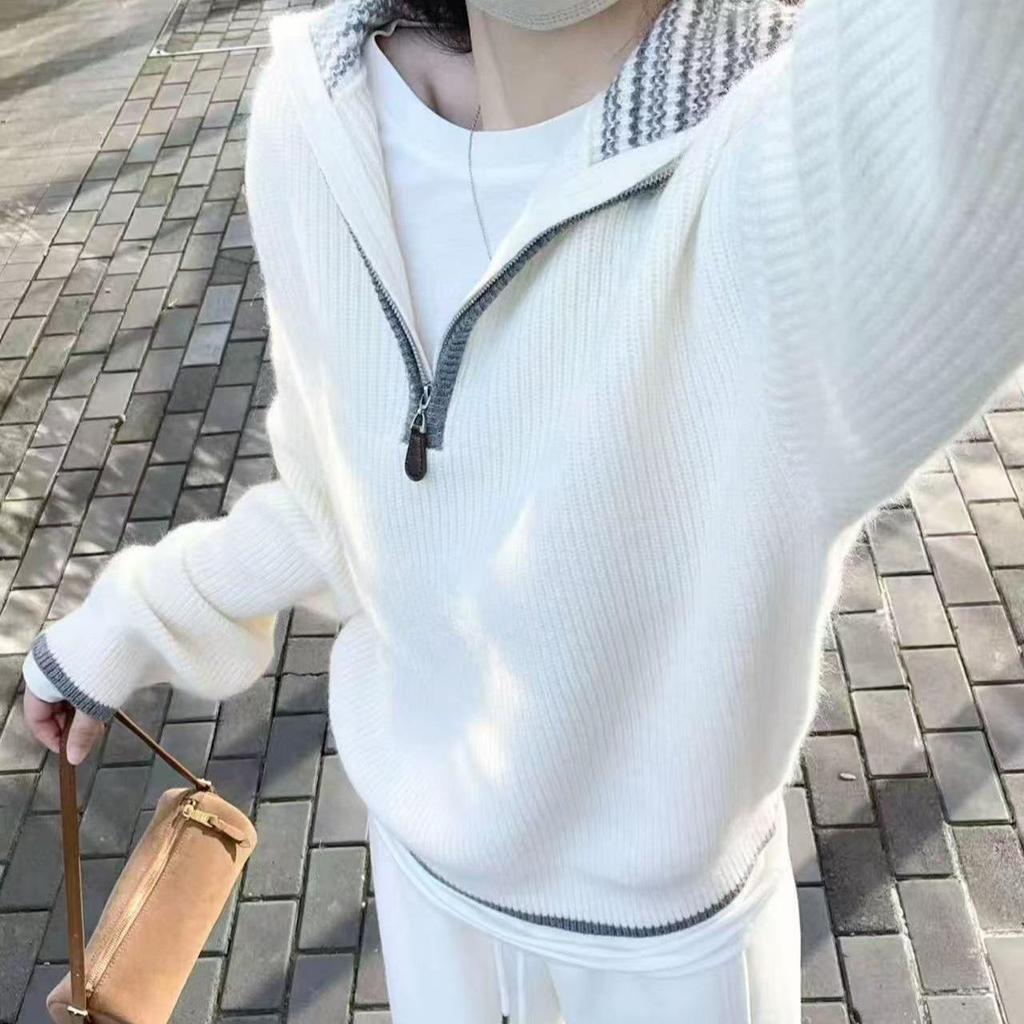 Women's Korean Style Color Block Wool Sweater - Loose Fit Half-Zip Knitwear for Autumn/Winter